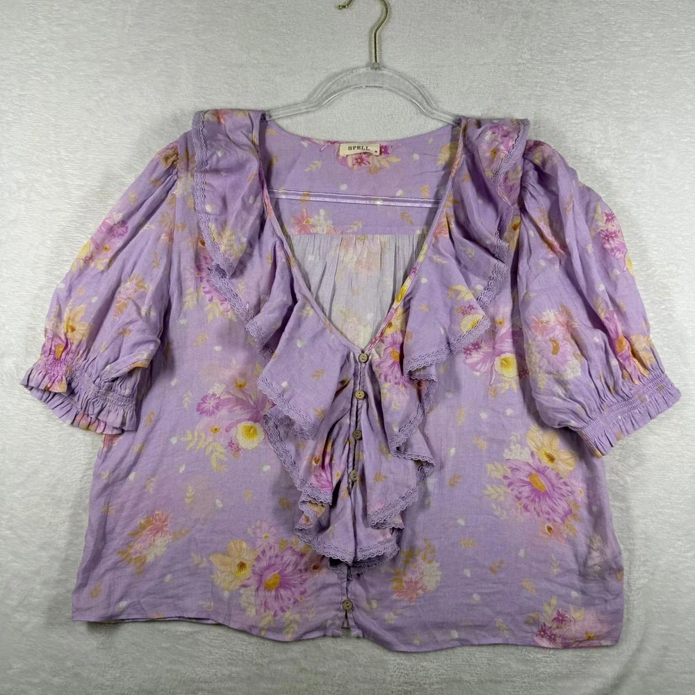 Spell Purple Floral Ruffle V-Neck Blouse Boho Puff Sleeve Top Medium 9562